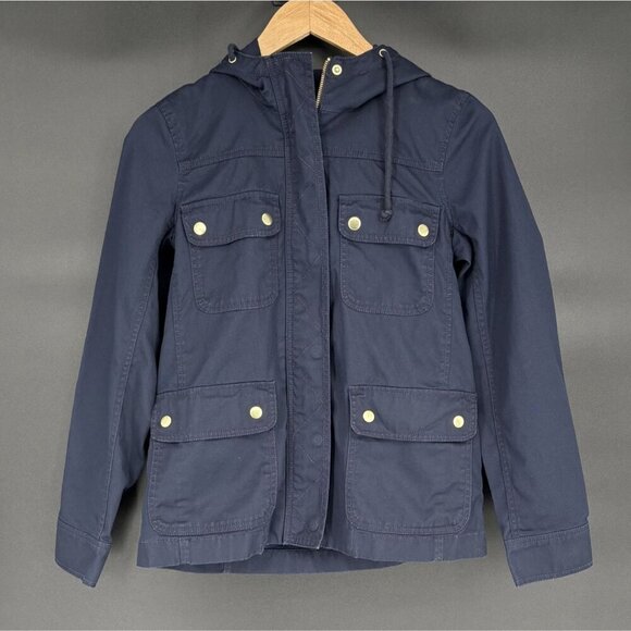 J.Crew Women's Resin Coated Hooded Twill Jacket XS Navy Outdoor Preppy Outerwear - Picture 1 of 8
